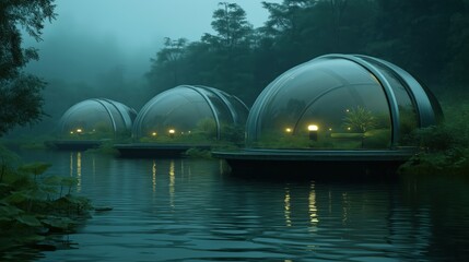 Obraz premium Futuristic Domes on a Misty River at Twilight. Keywords dome, futuristic, architecture, geodesic, r