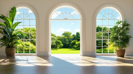 Fototapeta premium Elegant Room with Arched Windows and Lush Greenery