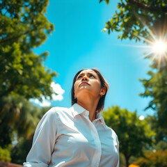 Una mujer hispana que mira hacia el cielo sudando en un clima caluroso con un clima anormal.