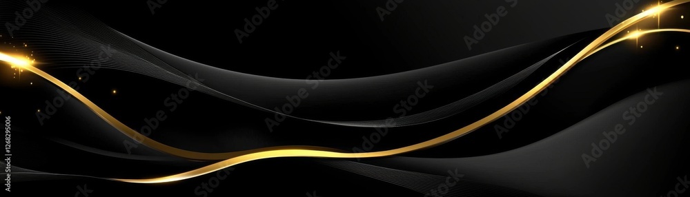 Poster a sleek design featuring flowing black waves with golden accents, creating a modern and elegant visu