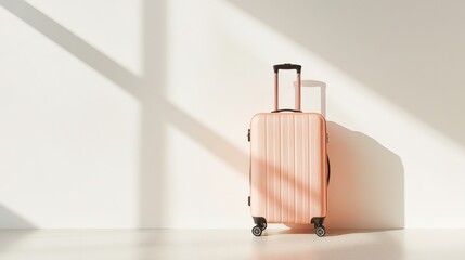 Peach colored cabin size luggage placed against a plain white background.