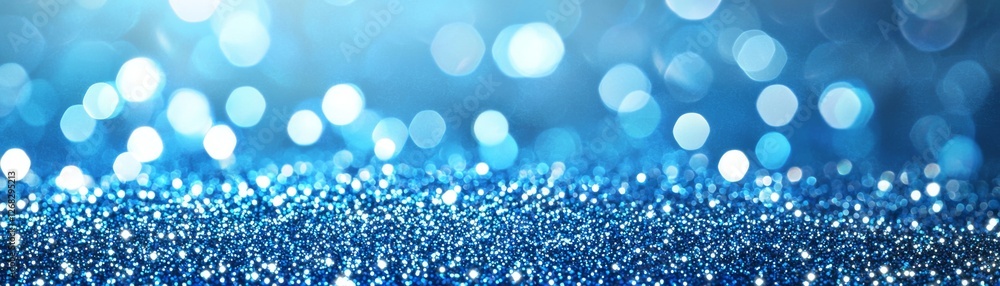 Poster a shimmering blue background filled with sparkling bokeh effects, creating a dreamy and vibrant atmo