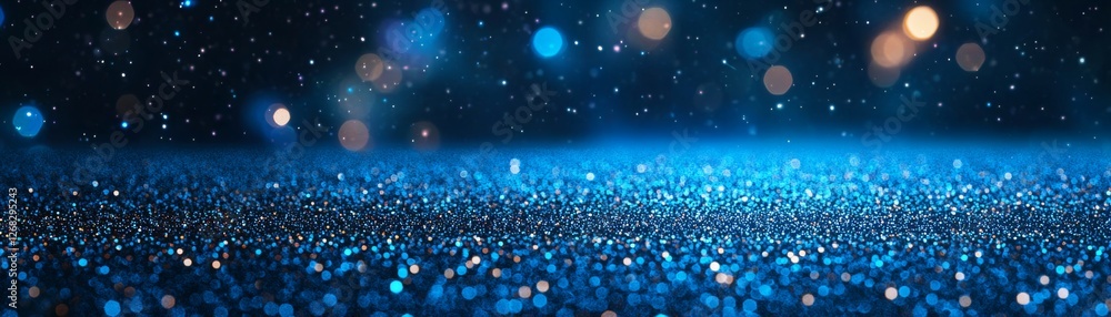 Poster a shimmering blue background filled with sparkling particles, creating a magical and ethereal atmosp