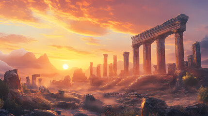 Naklejka premium Ancient temple ruins at sunset, long exposure photography, scenic landscape. Eternal Sunset Valleys. Illustration