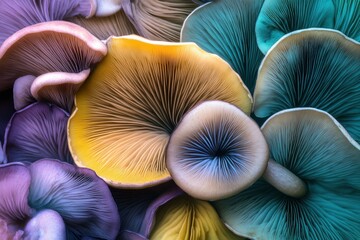 A surreal arrangement of mushrooms with swirling, hypnotic patterns in vivid colors like purple, blue, and green.