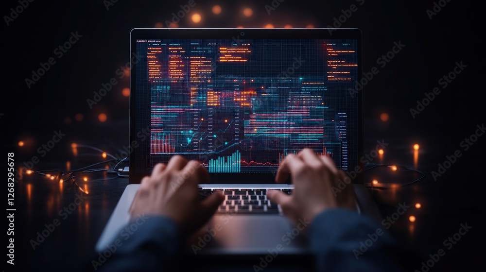 Poster person typing on laptop with charts in dark background from behind view of individual working on com