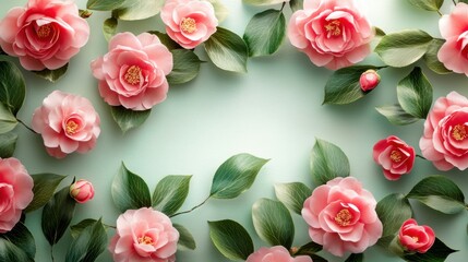 Delicate camellia flower background with text for Women's Day celebrations.