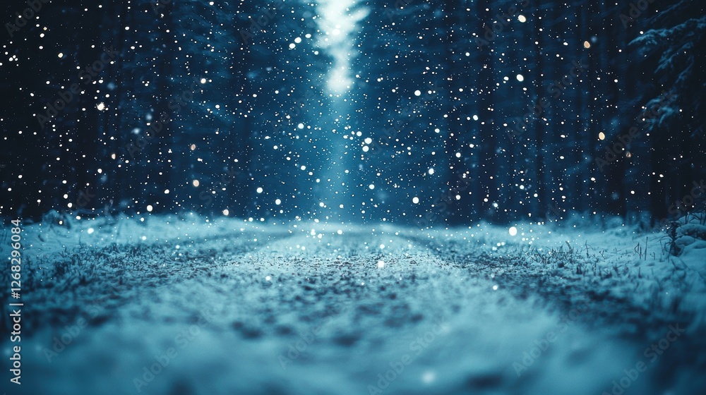 Poster a serene snowy path through a dark forest, illuminated by soft light.