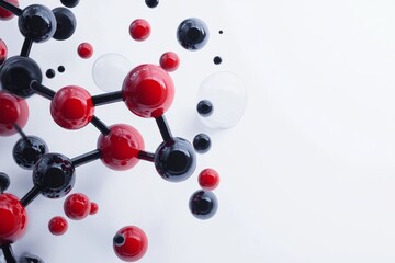 Molecular model, red black spheres, white background, science concept