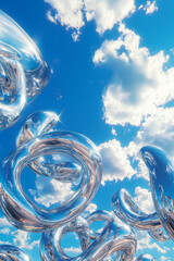 Metallic liquid shapes floating gracefully in a cloudy blue sky, reflecting the soft contours of clouds and sunlight, creating an ethereal and surreal abstract scene