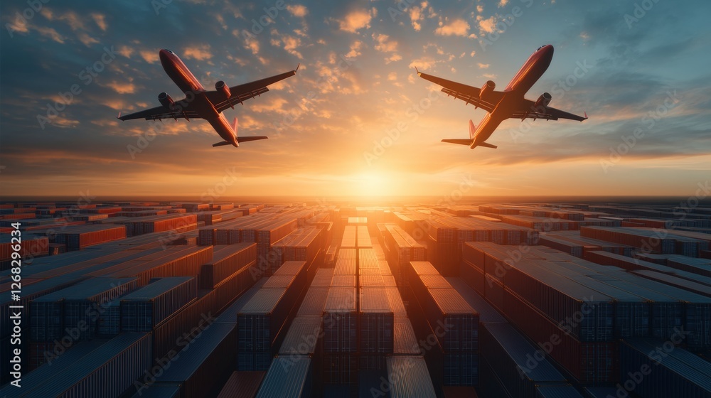 Poster two airplanes flying over a large container yard captured from an upward angle with clear visibility