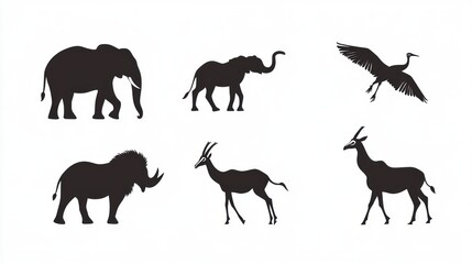 African wildlife silhouettes; elephant, rhino, antelope, crane; safari wildlife