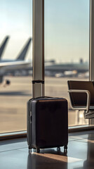 Wheeled Suitcase in Airport Terminal with Airplane Background
