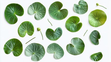  Green Tropical Leaves Floating Against a White Background, Symbolizing Freshness and Natural Beauty