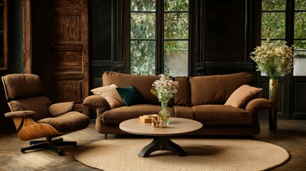 Cozy Living Room Interior Design  Brown Sofa  Armchair  Coffee Table  Flowers