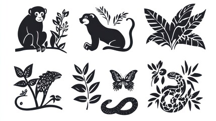 Tropical rainforest animals and plants; design elements