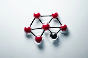 Red spheres network, black outlier, white background, connection concept