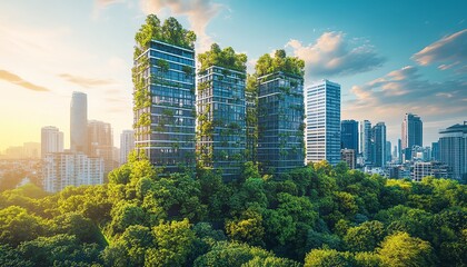 Obraz premium City landscape with urban greenery, parks and trees amidst modern buildings, green spaces blending with architecture, ecofriendly urban design