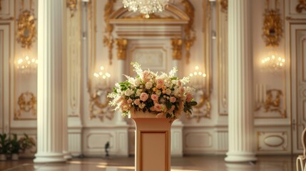 A podium with a bouquet of flowers in an elegant ballroom