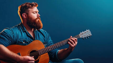 A man with a beard plays an acoustic guitar, lost in music against a dramatic blue background.
