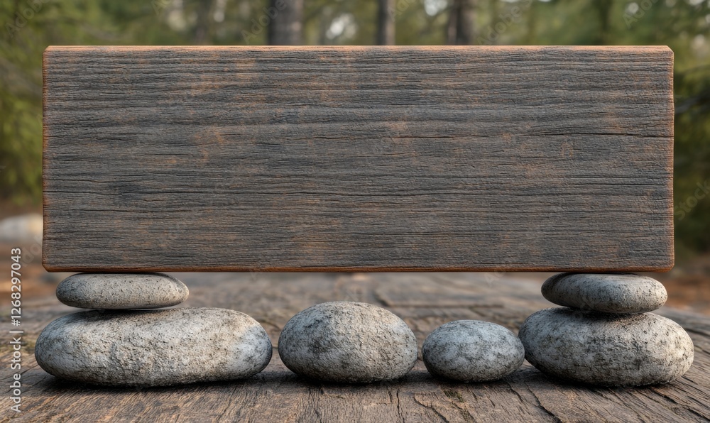 Poster wooden sign balanced on smooth stones in a serene forest setting with blurred trees in the backgroun