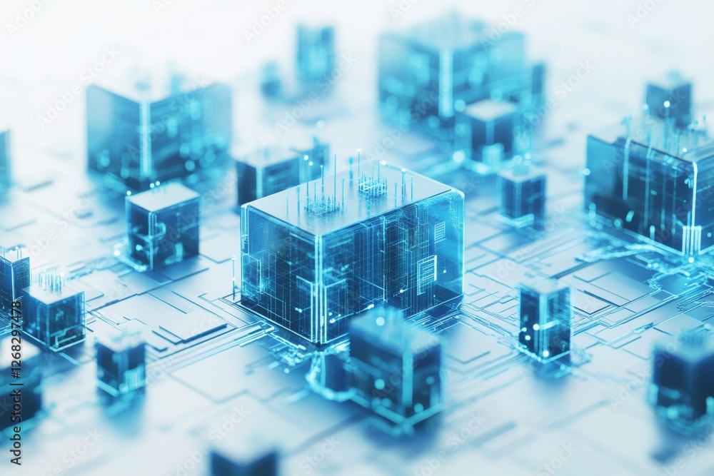 Poster digital network cubes connect on circuit board, glowing, tech background