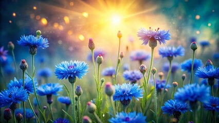 Fototapeta premium Surreal Cornflower Dreamscape: Ethereal Blooms in a Subdued Garden
