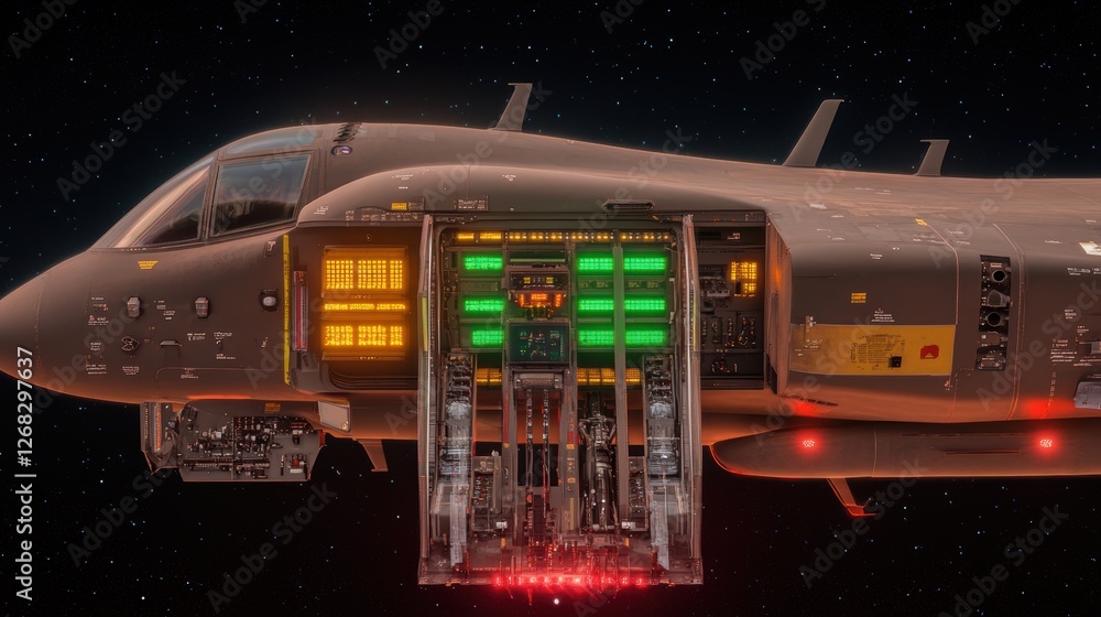 Poster a futuristic spacecraft with illuminated control panels and open cockpit.