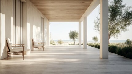 Fototapeta premium Modern Coastal Porch, Relaxing View, Interior Design, Peaceful Outdoor Space, Image for use in Home Decor Catalog