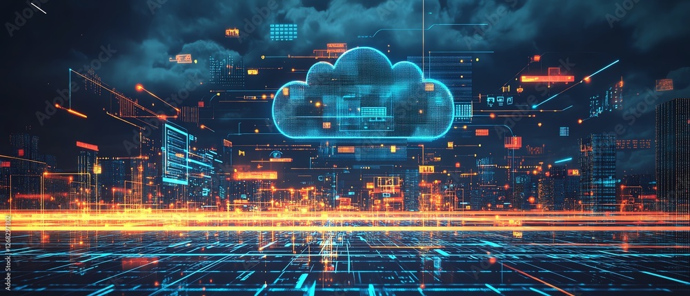 Poster futuristic illustration of the business digitization process, showing secure data transfer between s