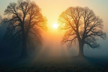 Fototapeta premium Morning sun peeks through foggy veil on tree tops, branches, autumn trees