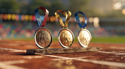 A sports podium with gold, silver, and bronze medalists