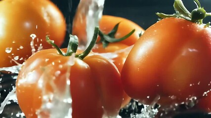 High speed slow motion video capturing water cascading fresh tomatoes vine highlighting vibrant colors freshness - Powered by Adobe