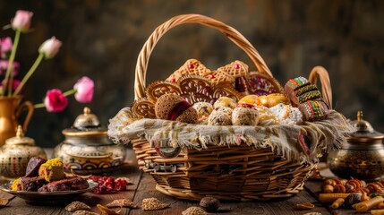 A traditional Eid Mubarak gift basket filled with goodies with