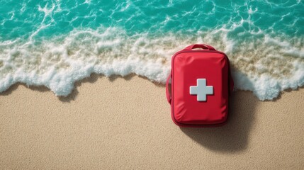 Red first aid kit on tropical beach with cross symbol next to a bag on the sand under the sun