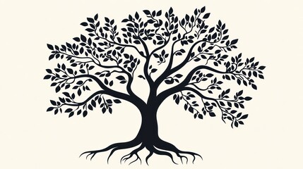 Fototapeta premium Lush tree silhouette, roots, leaves, nature, growth, design element