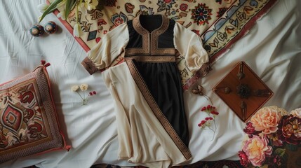 A traditional Eid Mubarak outfit laid out on a bed with