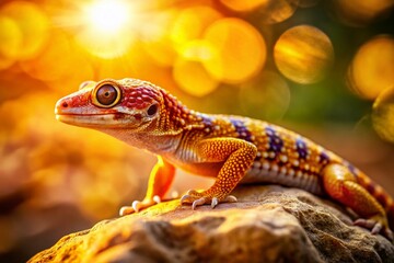 Naklejka premium Surreal Golden Gecko: Vibrant Reptile Basking on Rough Stone in Sunlight