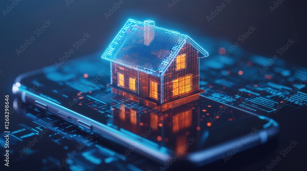 Poster house on computer chip with smart home technology displayed on smartphone screen