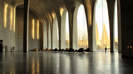 Modern Concrete Hall Interior  Spacious  Elegant Architecture with Seating