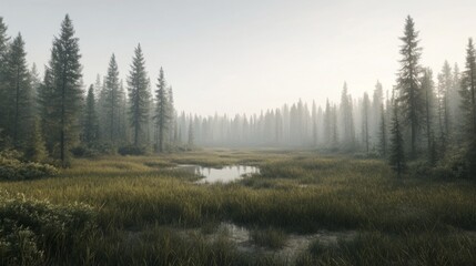 Fototapeta premium Serene morning landscape featuring a misty wetland surrounded by tall pine trees and grasses