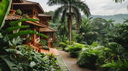 A yoga retreat in a tropical paradise with lush greenery