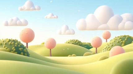Cartoon landscape with pastel hills, fluffy clouds, and round trees under a bright sky.