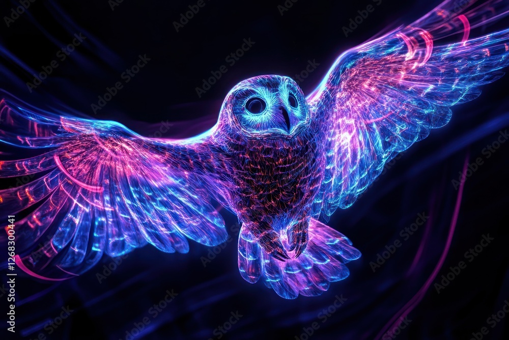 Poster abstract depiction of an owl flying with neon plexus patterns and glowing light motion trails, displ