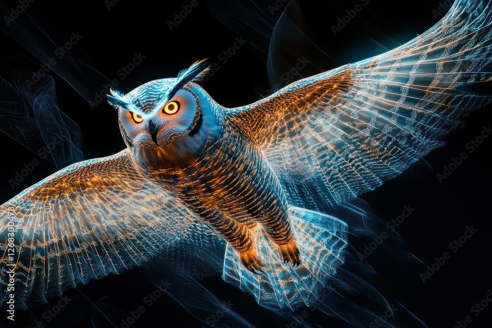 Poster abstract depiction of an owl flying with neon plexus patterns and glowing light motion trails, displ