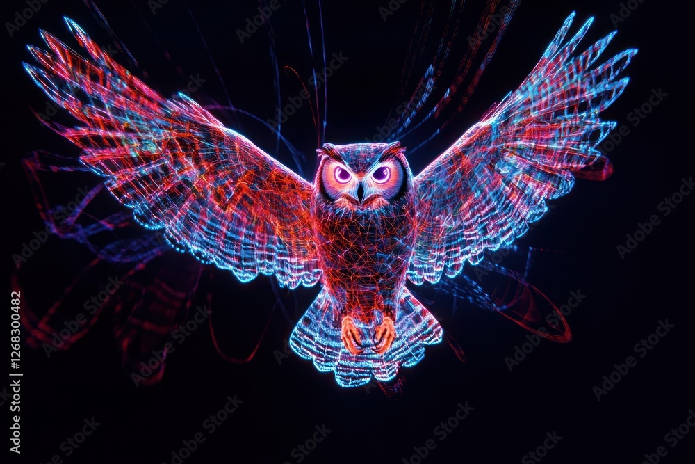 Poster abstract depiction of an owl flying with neon plexus patterns and glowing light motion trails, displ