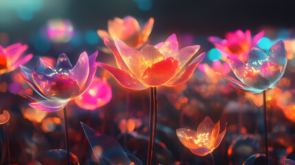 Brightly colored flowers in a field with bright lights generative ai. Neon Lotus Fields. Illustration
