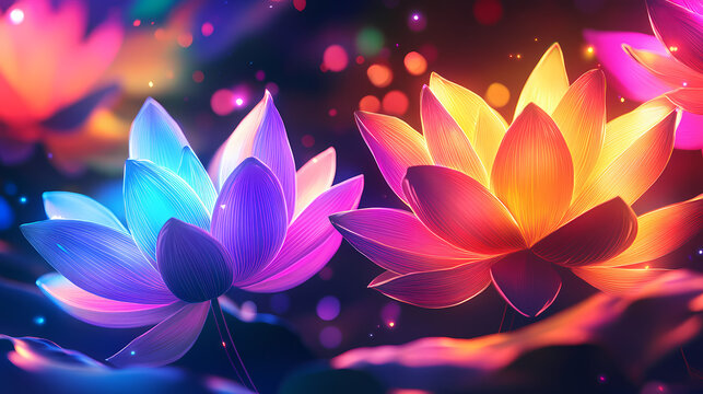 Courageous mantra header vibrant colorful rainbow lotus flower floral multicolor loti bright neon Neon Lotus Fields. Illustration