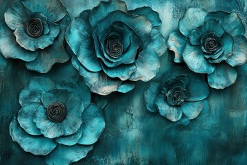 Abstract floral art with textured teal flowers in varying sizes, set against a dramatic and shadowy background.