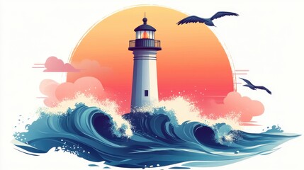Stunning Lighthouse Illustrating Coastal Landscape with Waves and Seagulls Against Vibrant Sunset Sky